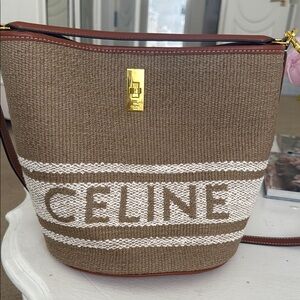 Brown and White Woven Bucket Bag